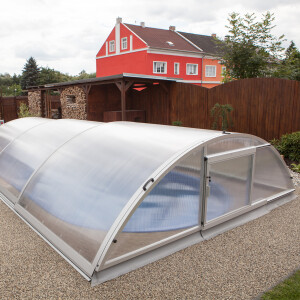 YapoolRoof Poolüberdachung Trend 3  - 3,76 x 6,52 x 1,11 m silbergrau Doppelsteg Schiebetür seitlich